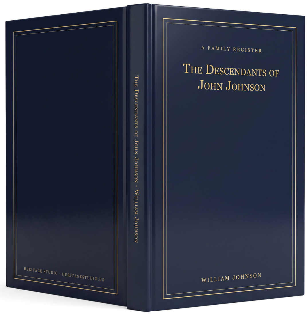 Four bound family history books with a family photograph