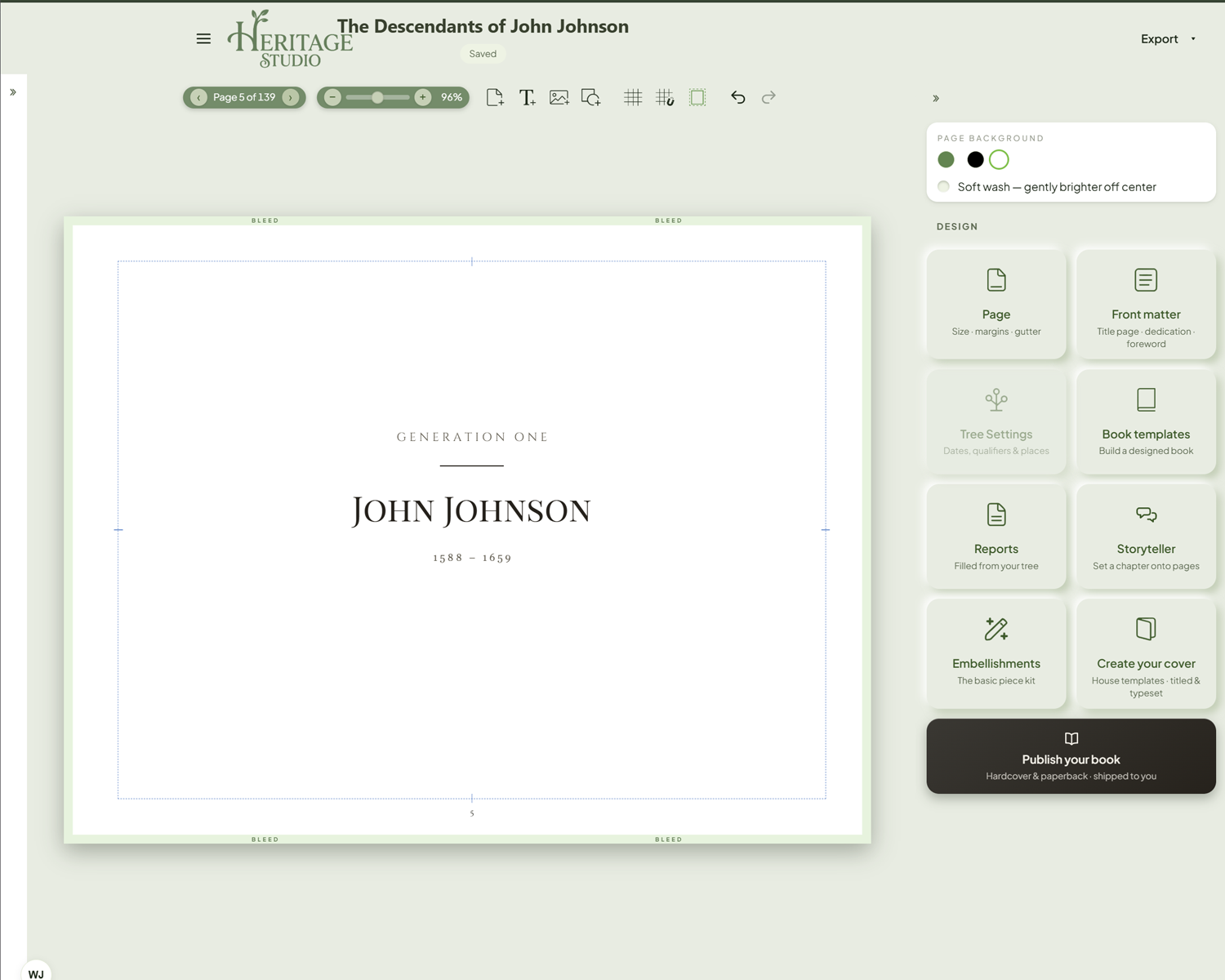 A built book's Generation One title page — the ancestor's name and years, quietly set