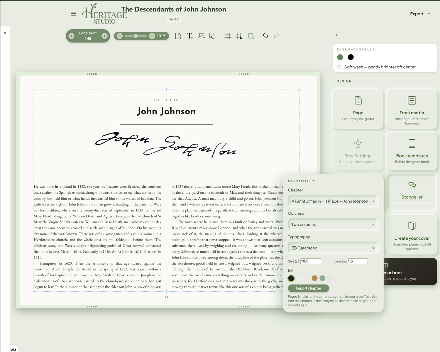 The signature placed beneath the title, and a Storyteller chapter set into the book in two columns of EB Garamond