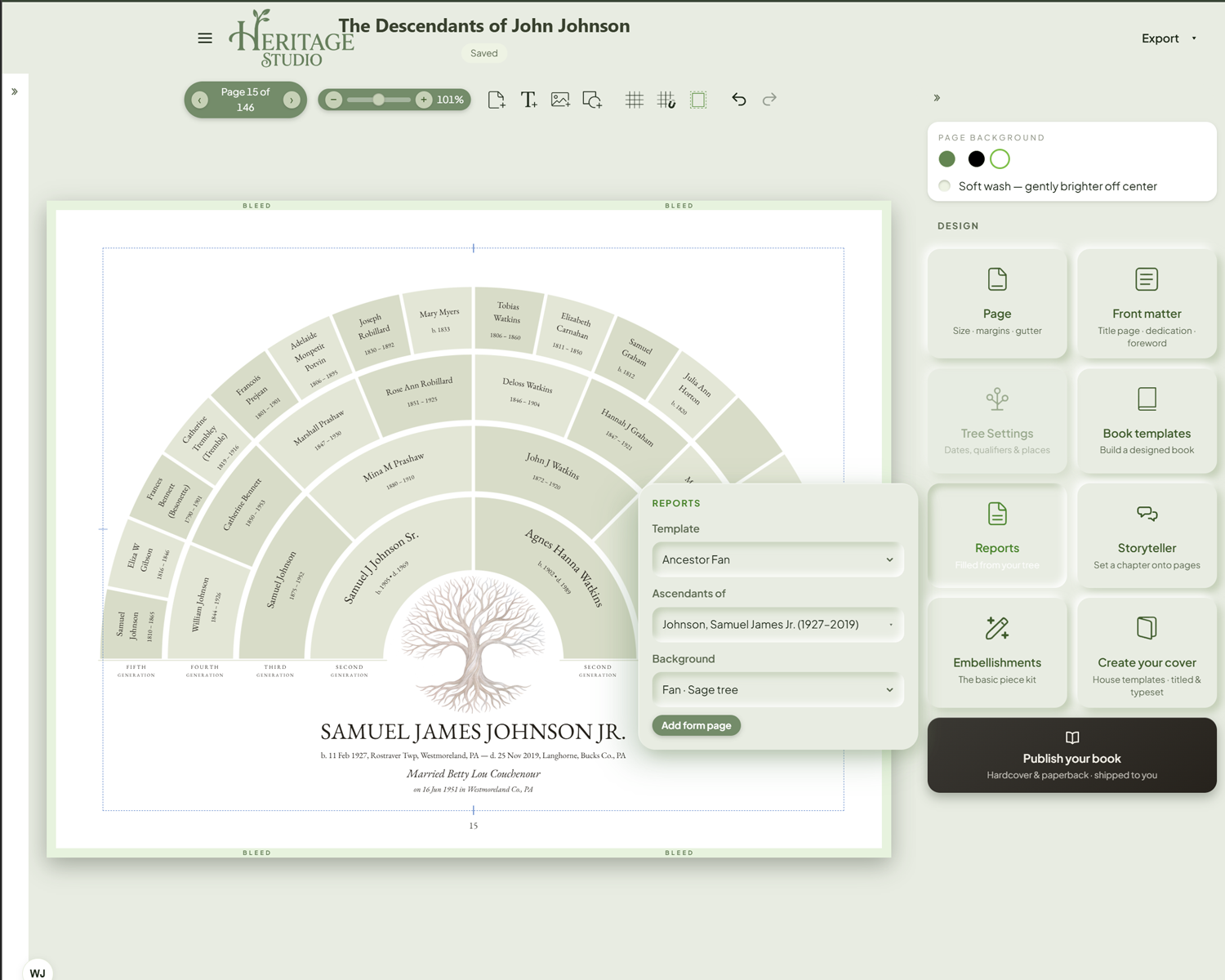 The Reports card building an Ancestor Fan — five generations rising from Samuel James Johnson Jr., on the Sage tree dress