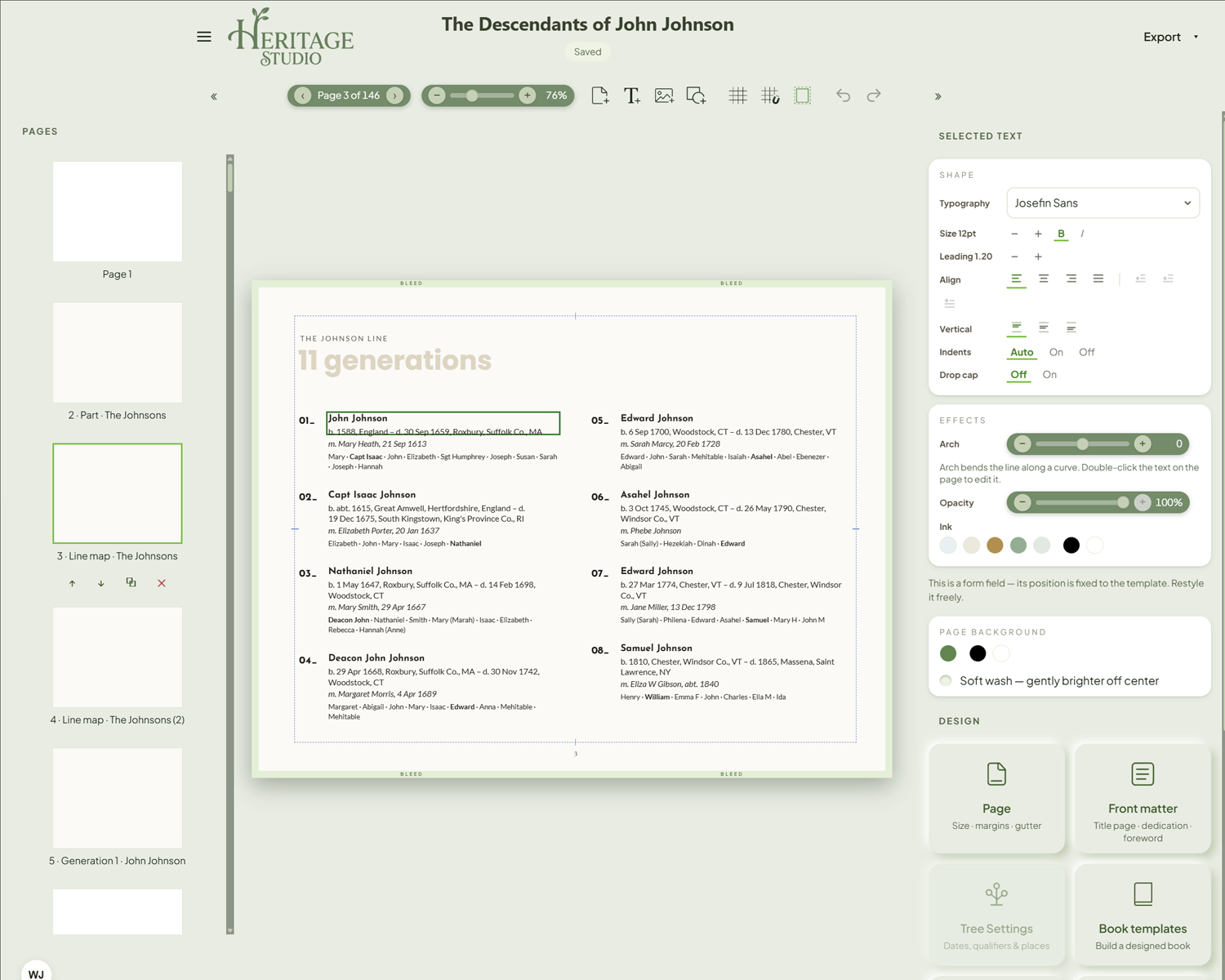 The text tools — typography, size, leading, alignment, arch, and ink swatches on a selected line