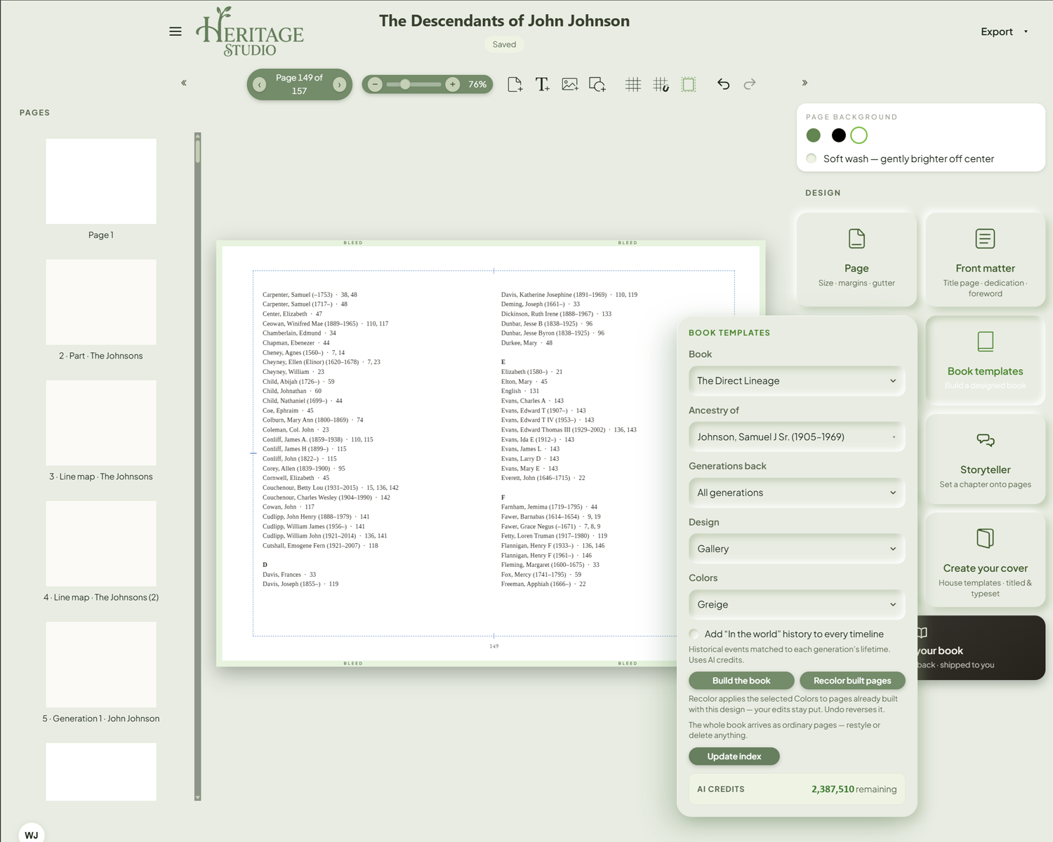 The book's own name index — every person filed by surname with page numbers, refreshed with one Update index button