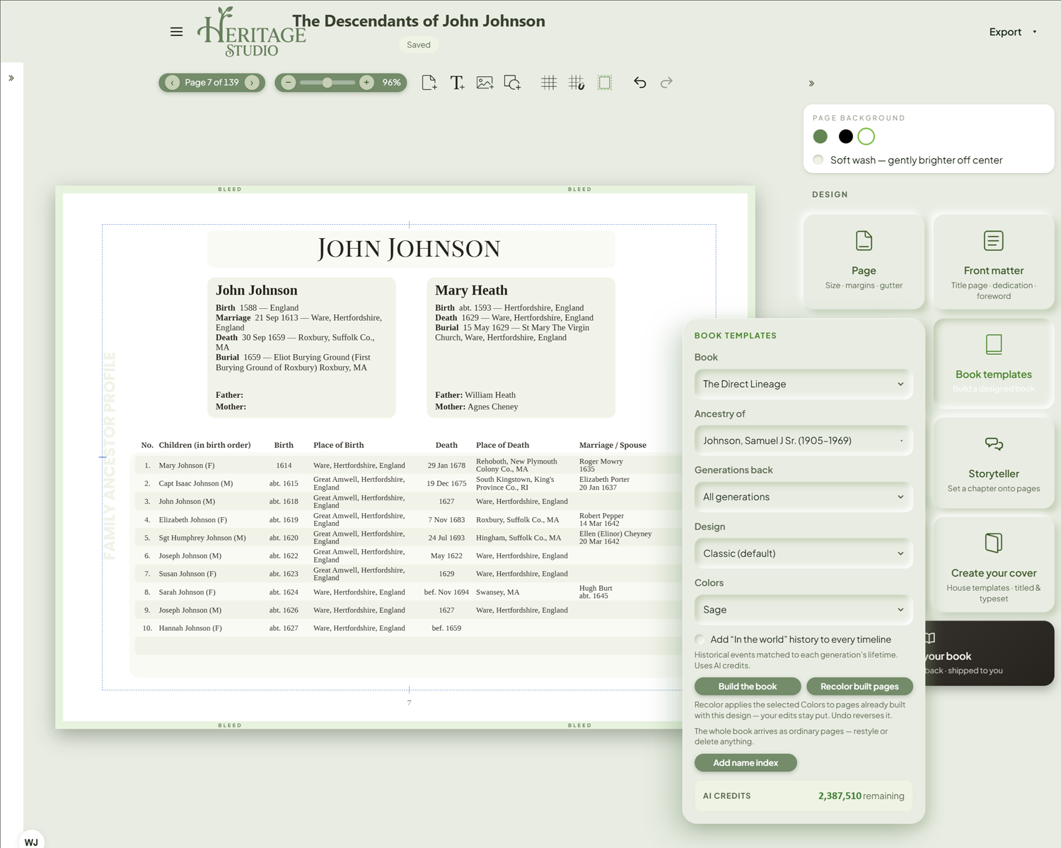 The Book templates card — The Direct Lineage in the Classic design, with a family ancestor profile on the canvas