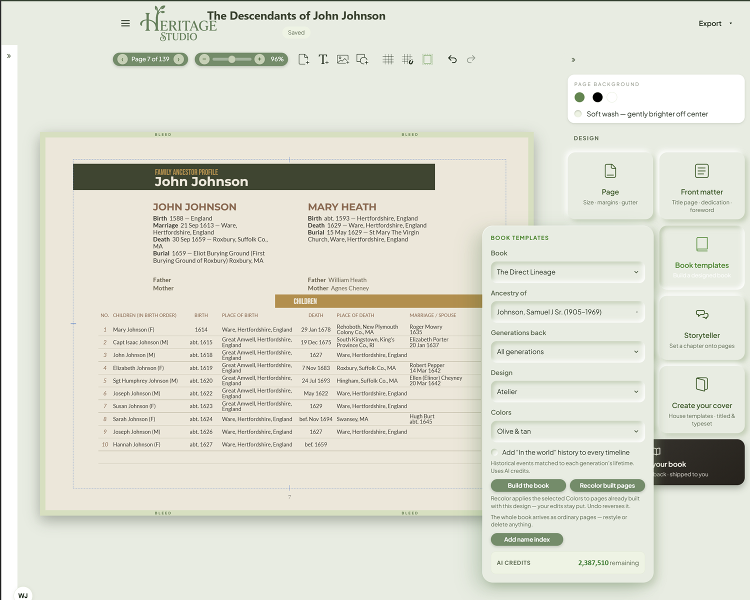 The Atelier design in Olive & tan — the same family profile, dressed in the modern voice on a cream sheet