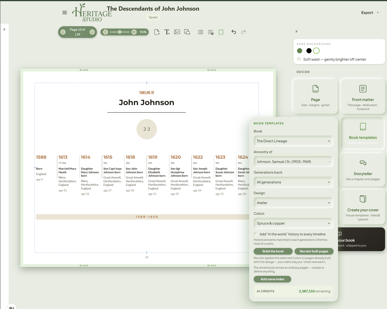 An Atelier timeline in Spruce & copper — one book, recolored without rebuilding