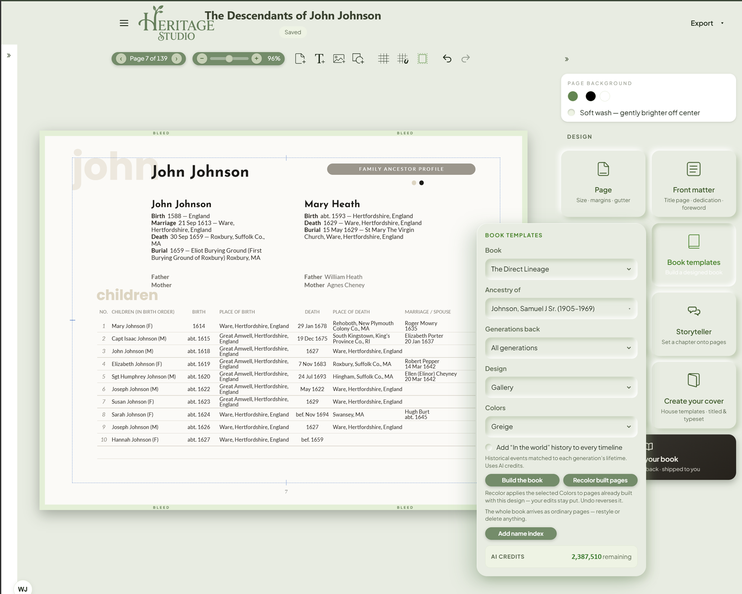 The Gallery design in Greige — giant ghost words behind the family profile