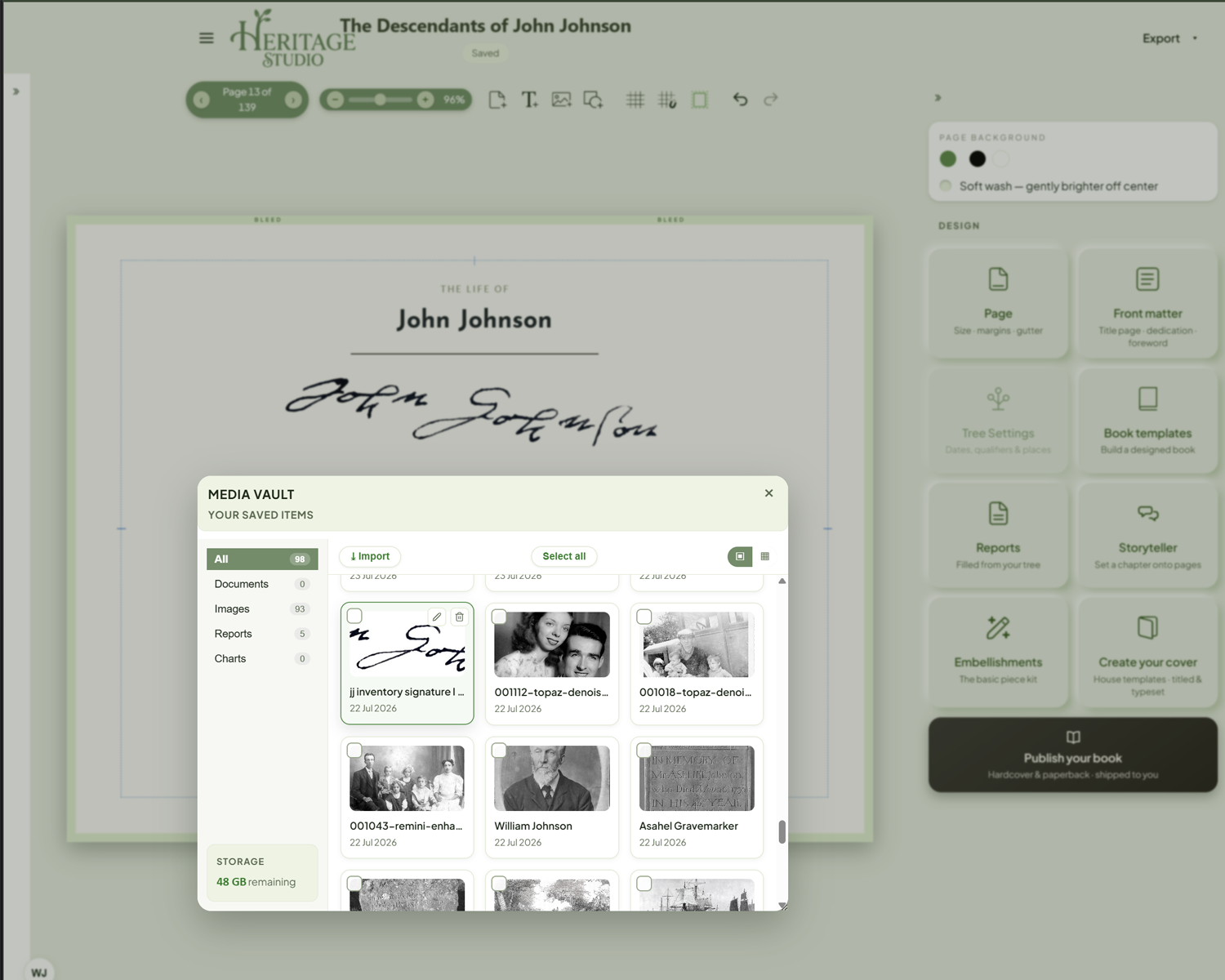 The Media Vault open over the book — photographs, documents, and John Johnson's own signature among the saved items