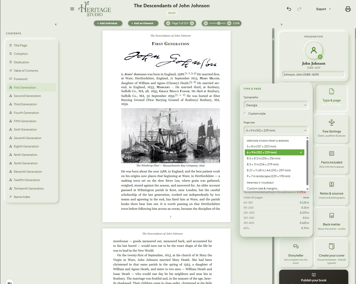 The Type & page card — print-and-binding page sizes from 6×9 to A4 and 9×7 landscape, with the recommended binding gutter shown for the book's page count