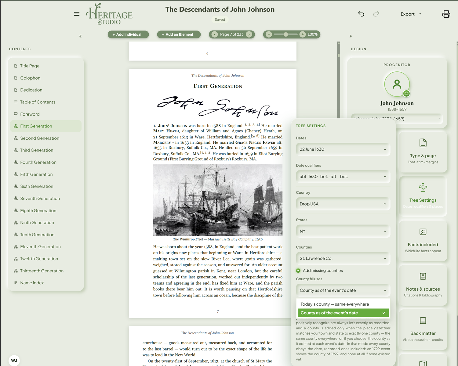 The Register Canvas — The Descendants of John Johnson open at the First Generation, with the Tree Settings card in use