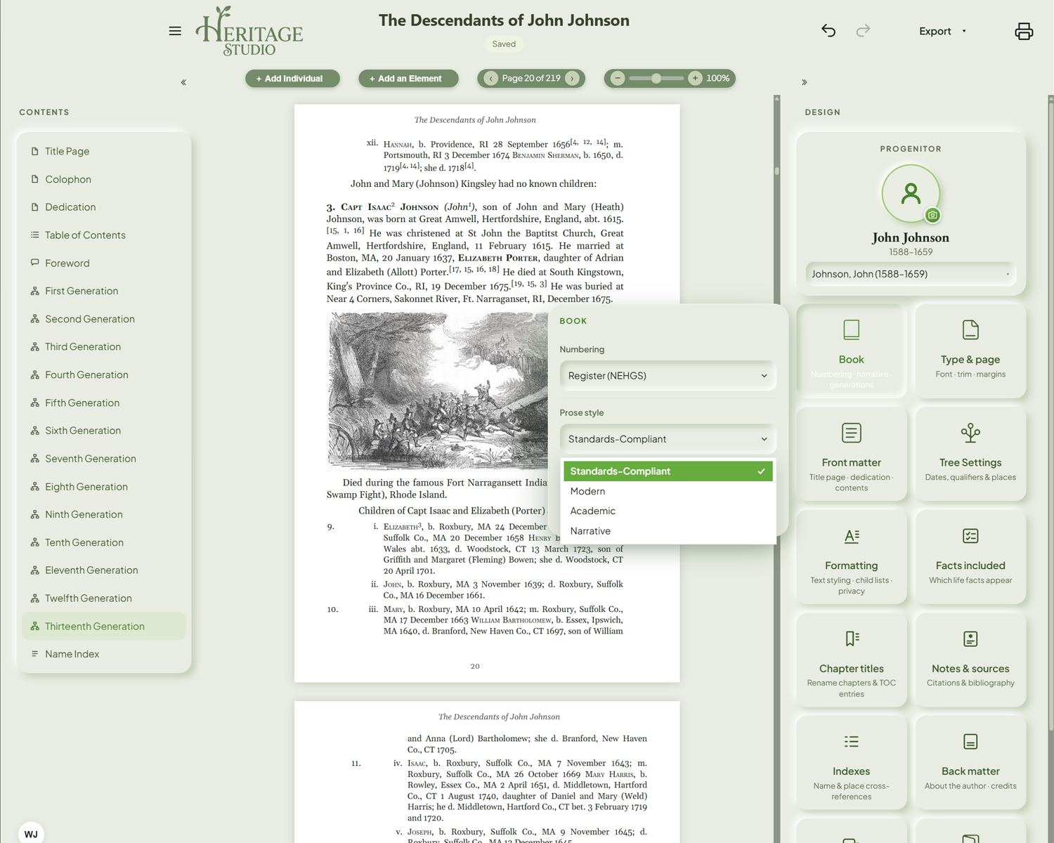 The Book card's Prose style menu — Standards-Compliant, Modern, Academic, or Narrative prose for the whole book