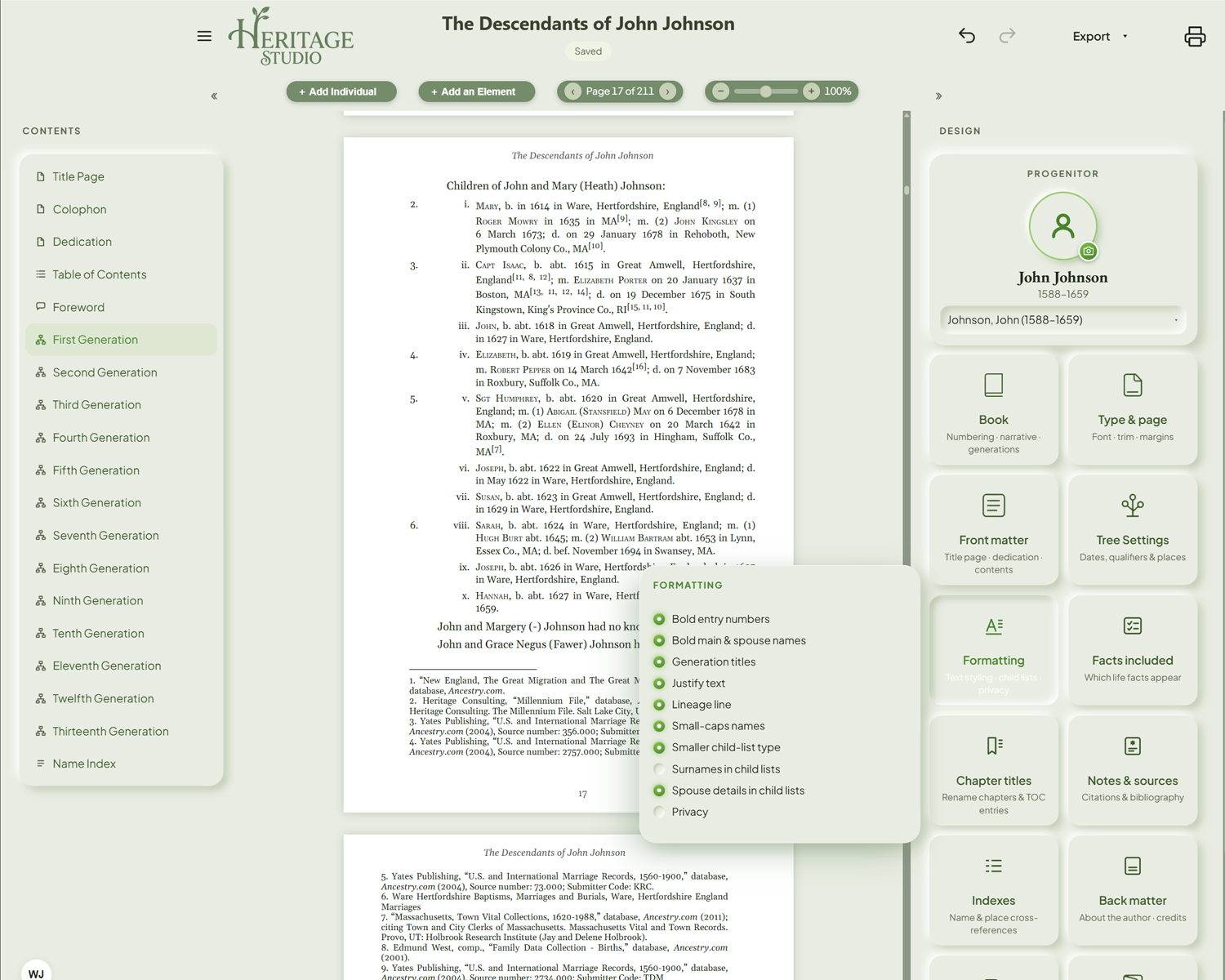 The Formatting card — bold entry numbers, small-caps names, justified text, and lineage line options, changing the typeset book live