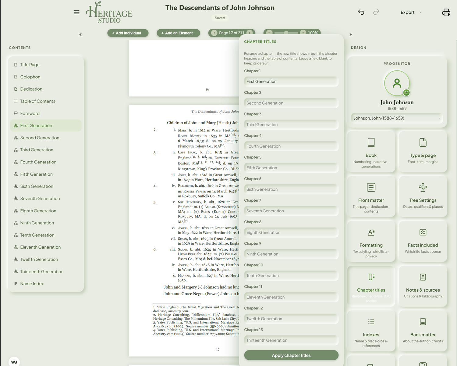 The Chapter titles card — renaming the book's generation chapters, with the table of contents following along