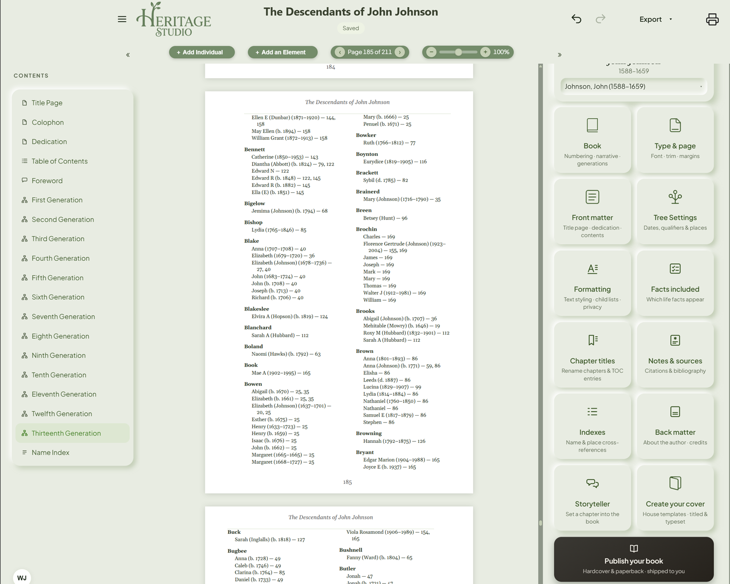 The Name Index — every person in the book indexed by surname, with page numbers derived from the typeset pages