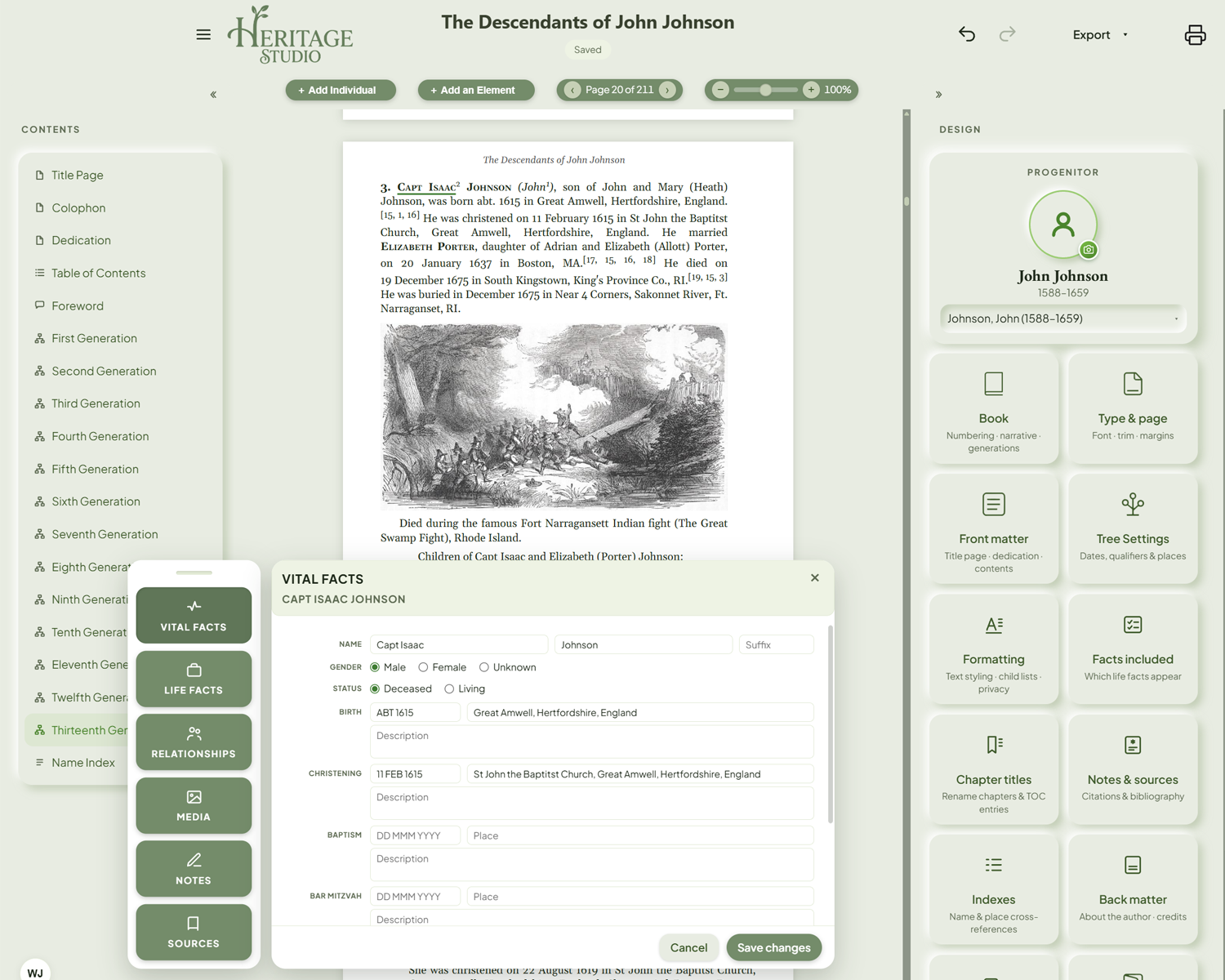 A person's Vital Facts card open over the book — name, birth, and christening editable in place, with the page reflowing as you save
