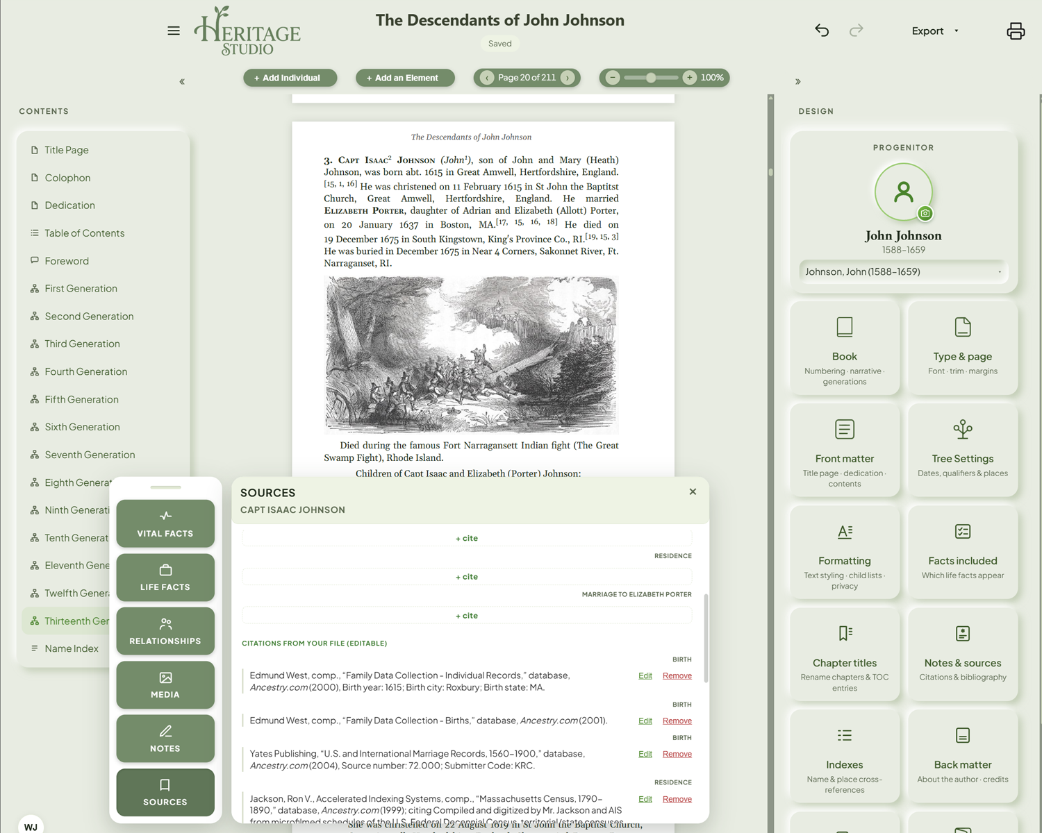 A person's Sources card — the citations from your file, editable in place, with a cite button on every fact