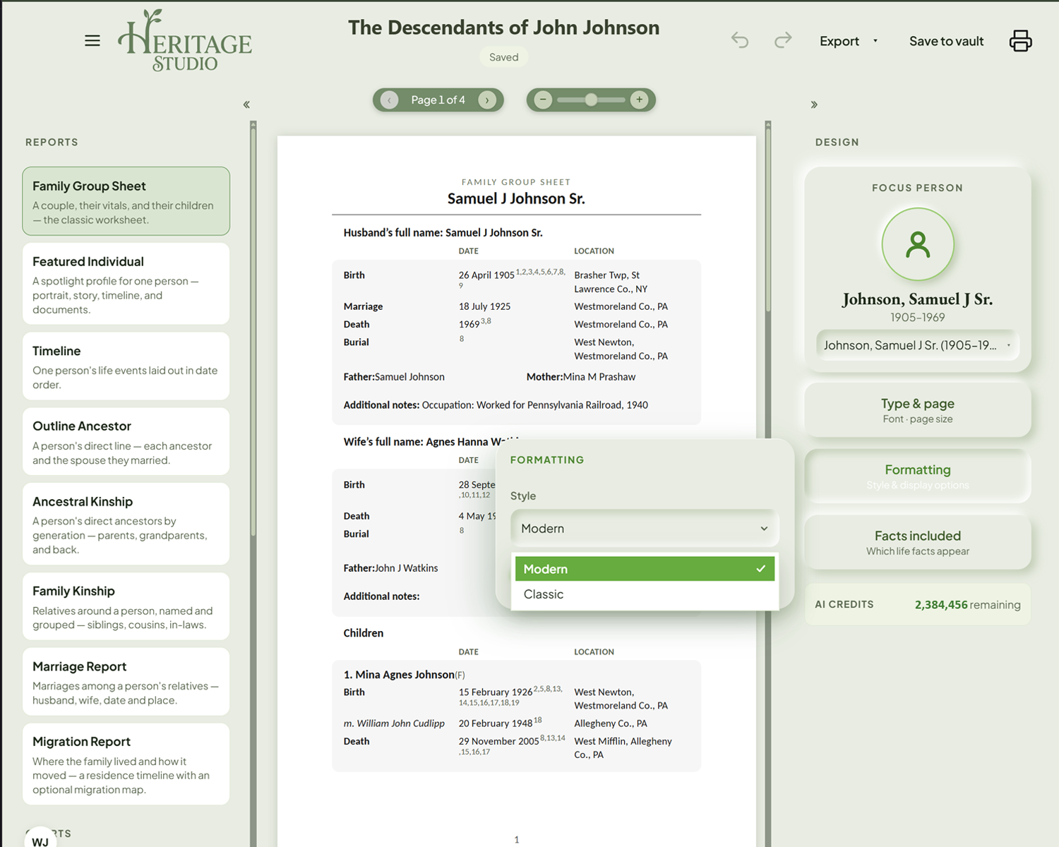 The Family Group Sheet — a couple, their vitals, and their children, with the Formatting card offering Modern or Classic style