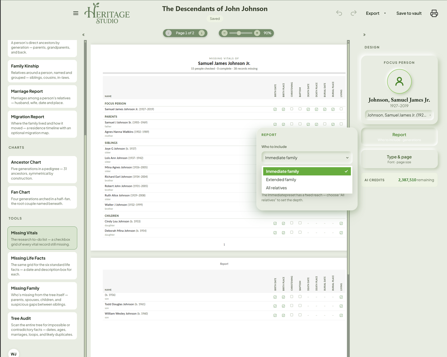 The research tools — Missing Vitals checks every record still missing, for immediate family, extended, or all relatives