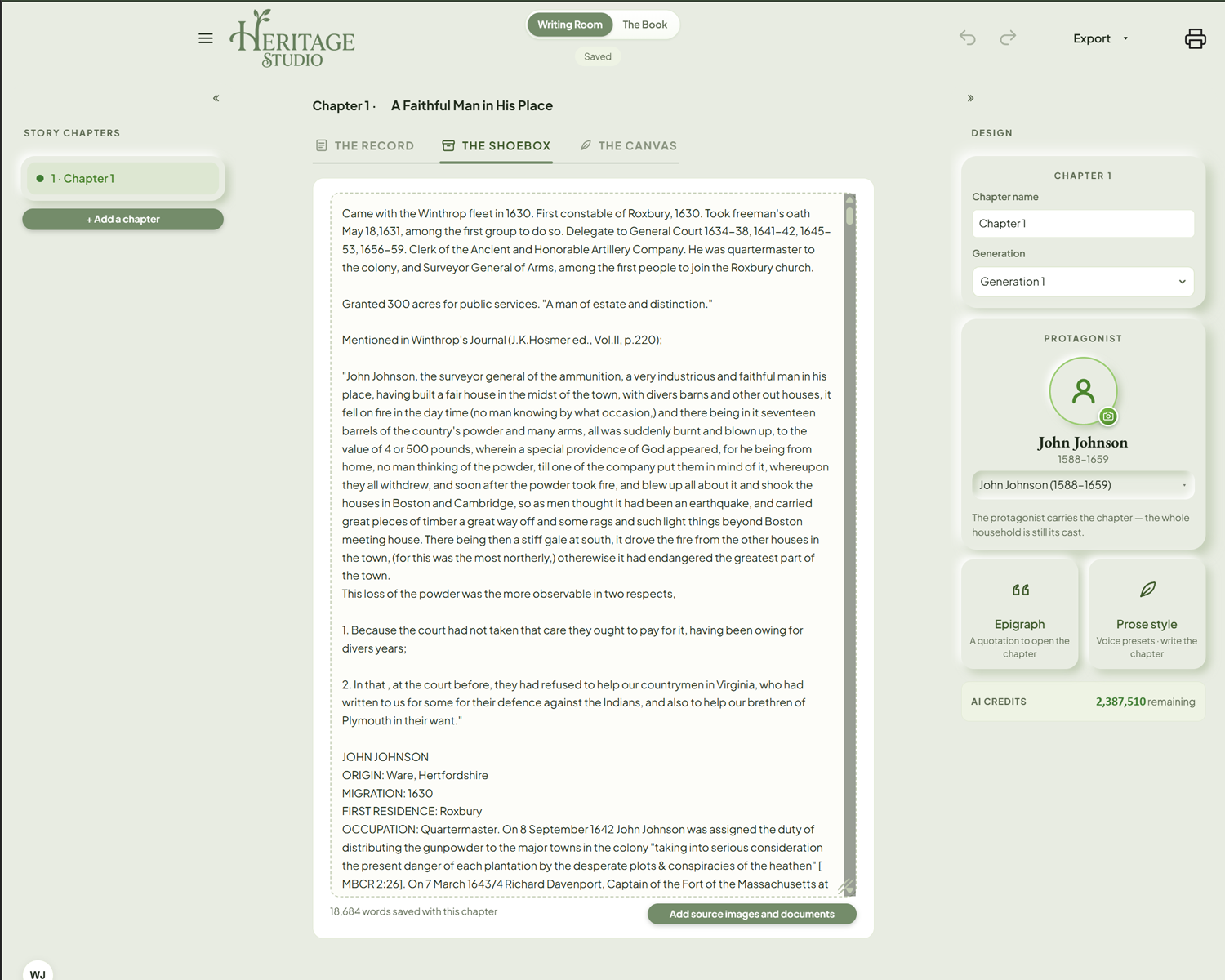 The Shoebox — 18,684 words of the author's own research notes and transcribed records saved with the chapter, ready for the Storyteller to draw on