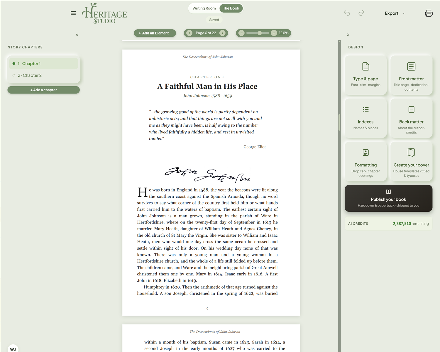 The Book — the same chapter typeset: chapter opening, epigraph, the ancestor's own signature, and a drop cap, ready to publish
