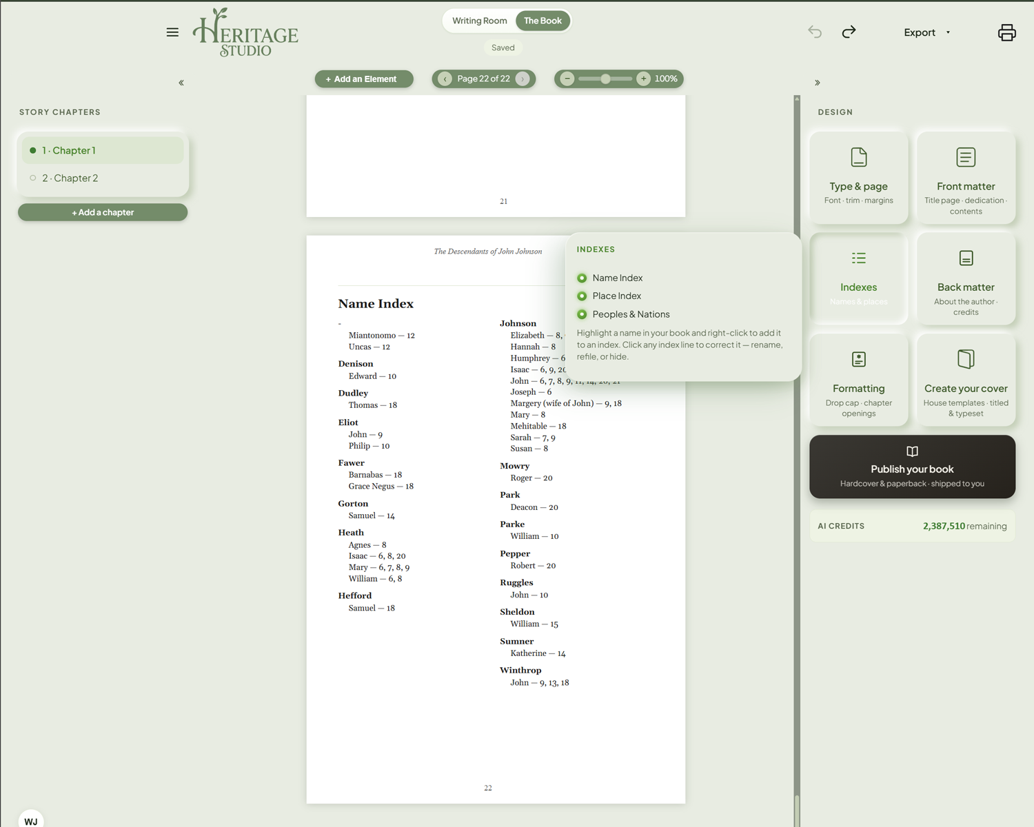 The Name Index — built by the author: highlight a name in the book, right-click, and it files itself with page numbers