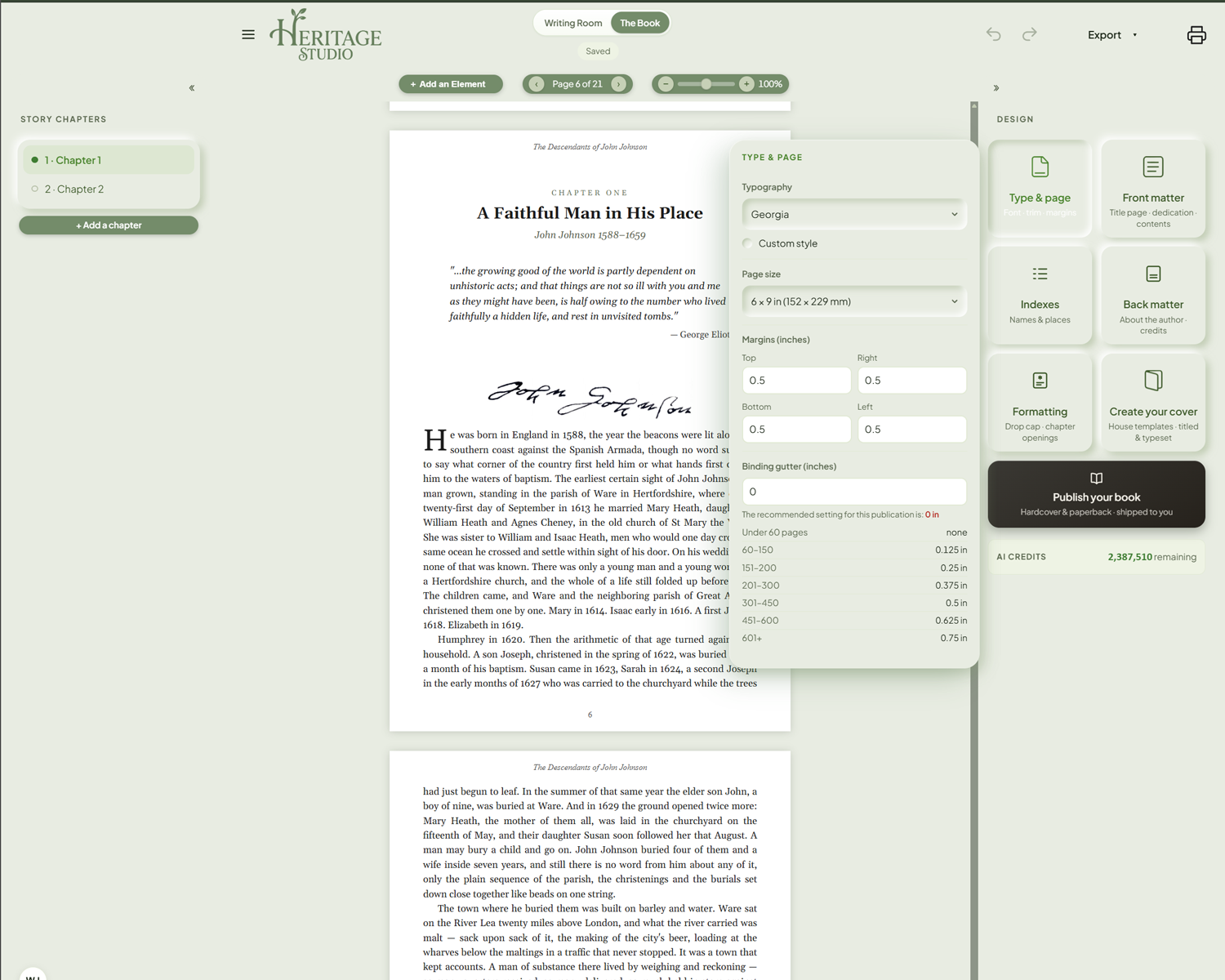 The Type & page card — typography, page size, margins, and the binding gutter, with the recommended setting shown for the book's page count