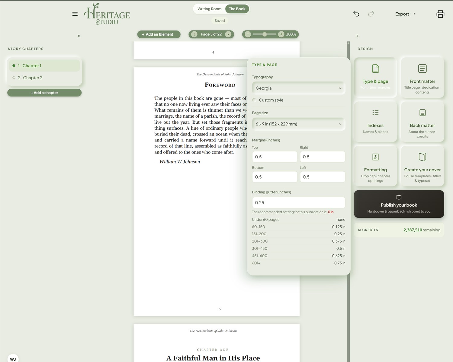 The Type & page card — typography, page size, margins, and the binding gutter, with the recommended setting shown for the book's page count